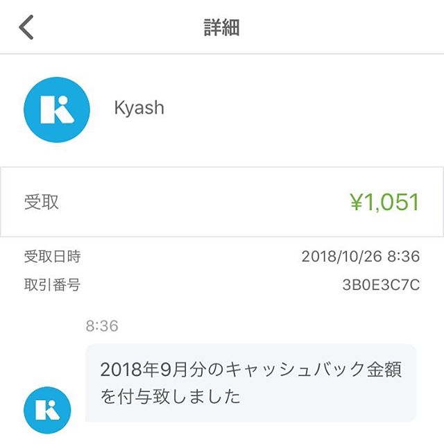 【Kyash】2018年9月分のキャッシュバックは1,051円でした❣️
