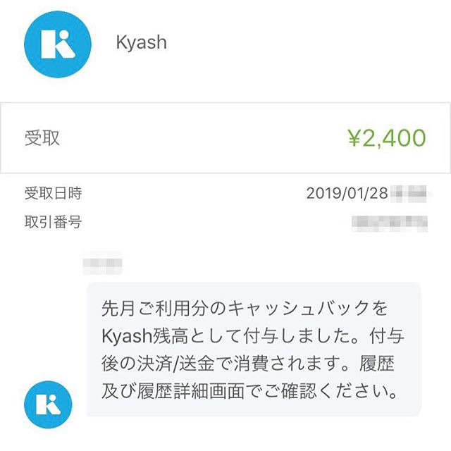 【Kyash】2018年12月分のキャッシュバックは2,400円でした❣️