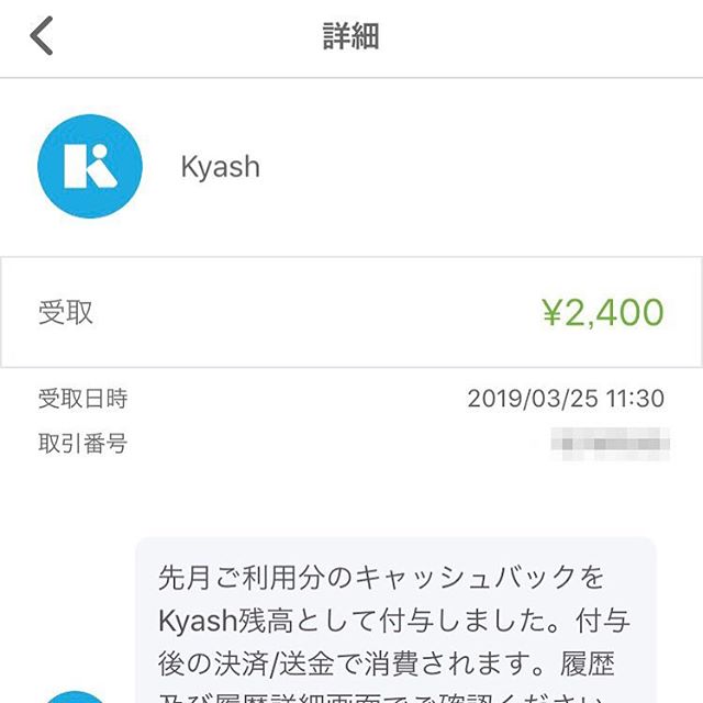 【Kyash】2019年2月分のキャッシュバックは2,400円でした❣️