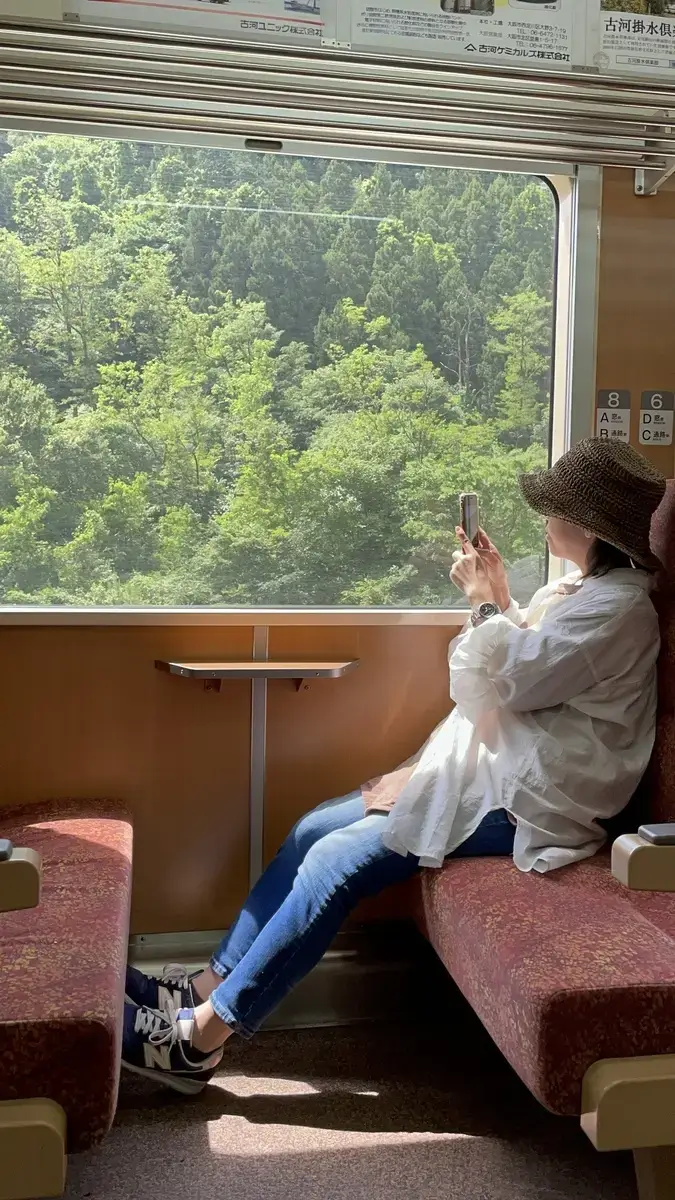 わたらせ渓谷鐵道の車内から眺める、目に鮮やかな初夏の緑