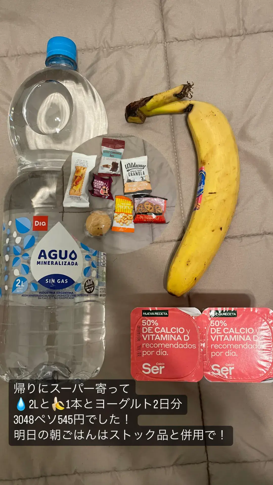 アルゼンチンのスーパーで購入した水、バナナ、ヨーグルトなどの食材