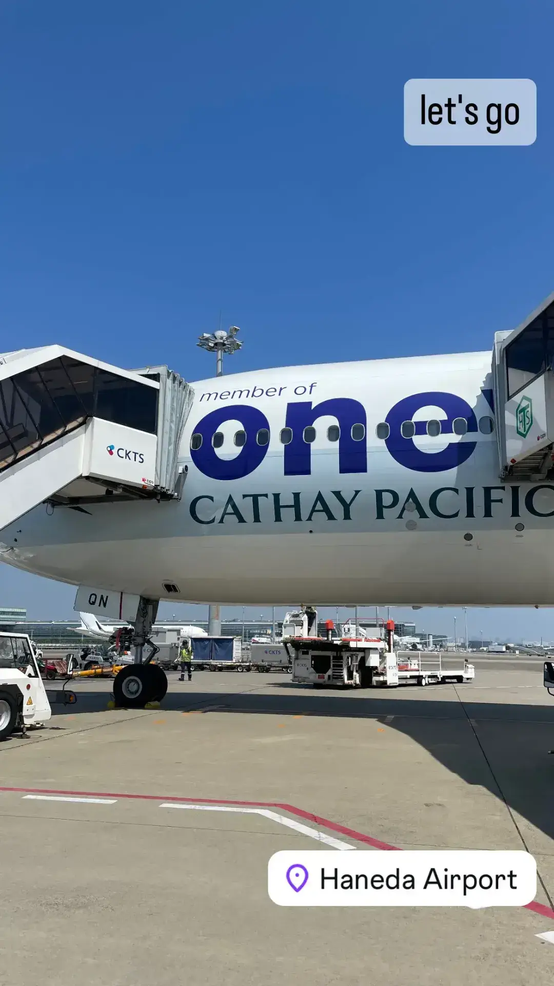 羽田空港の駐機場で搭乗を待つ、キャセイパシフィック航空のワンワールド塗装機です。