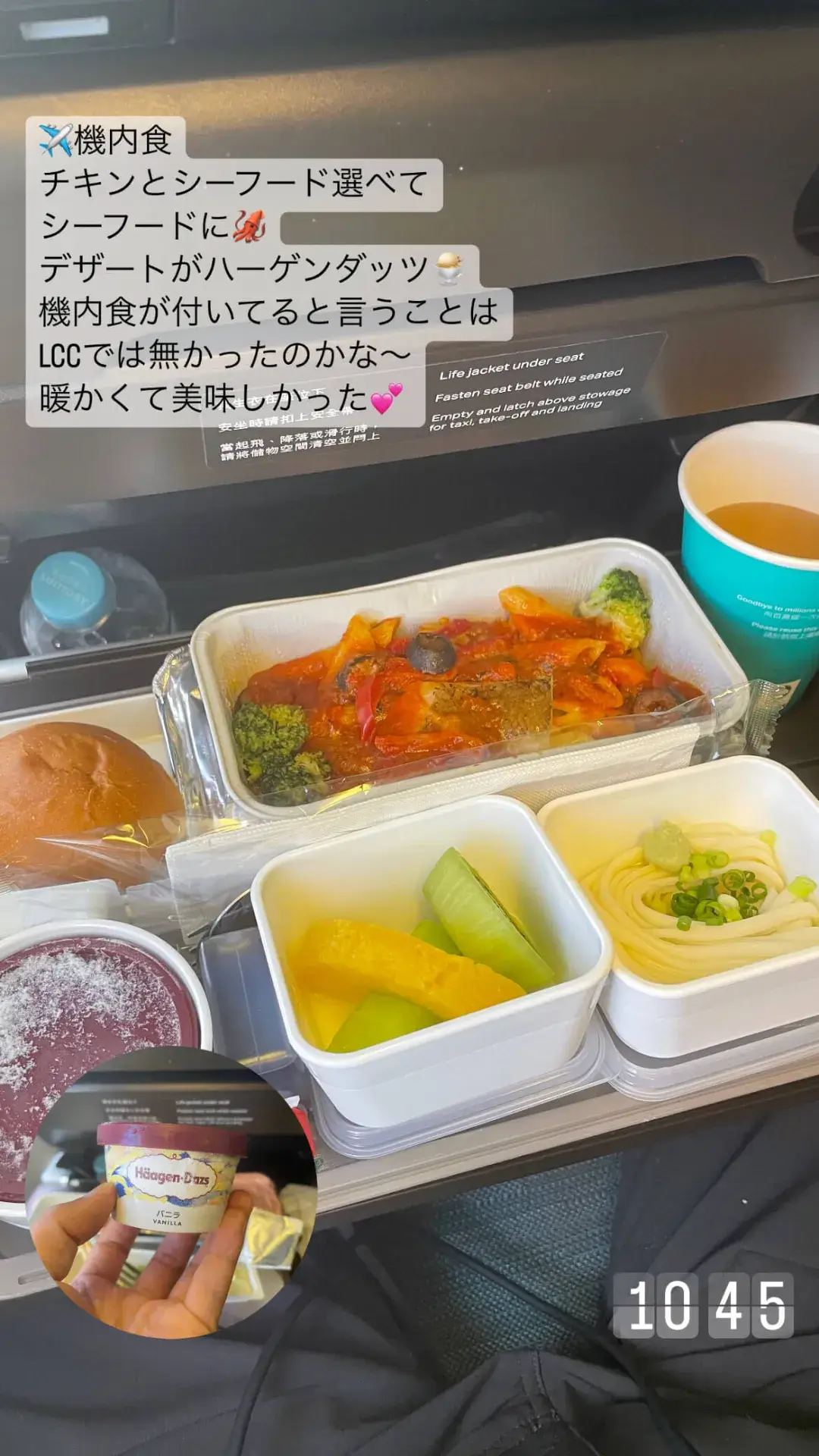 機内食で選択したシーフード料理。ハーゲンダッツのバニラアイスクリームも付いています。