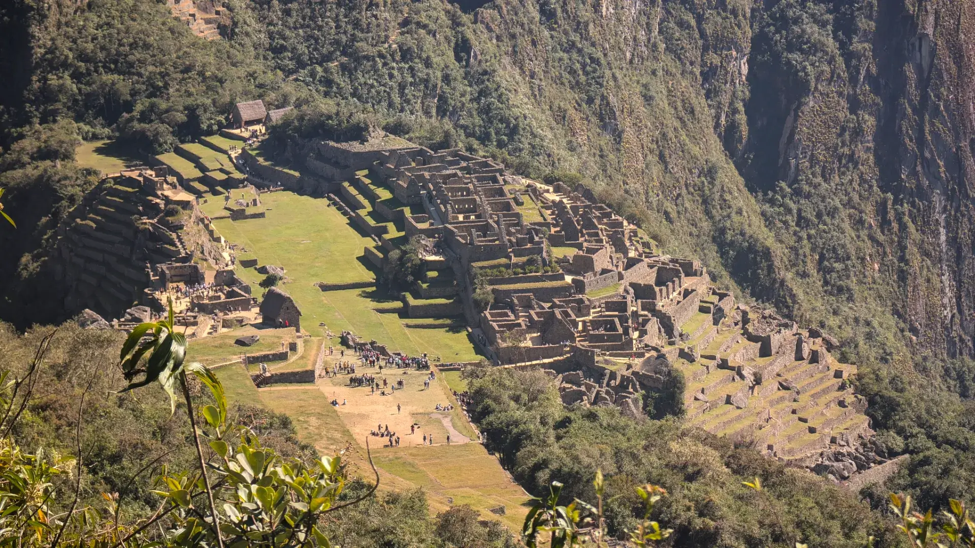 マチュピチュ山の険しい斜面から見下ろす、インカ帝国の結晶。整然と並ぶ段々畑（アンデネス）が山の斜面を優雅に縁取り、迷路のように入り組んだ石造りの住居や神殿群が、中央広場を囲むように配置されています。豆粒のように小さく見える観光客の姿が、この巨大な石造都市のスケール感を際立たせています。一分の隙もなく組み上げられた石壁が、数世紀の時を経てなお、この急峻な山肌に毅然と留まり続ける姿に、当時の高度な土木技術と情熱を感じずにはいられません。