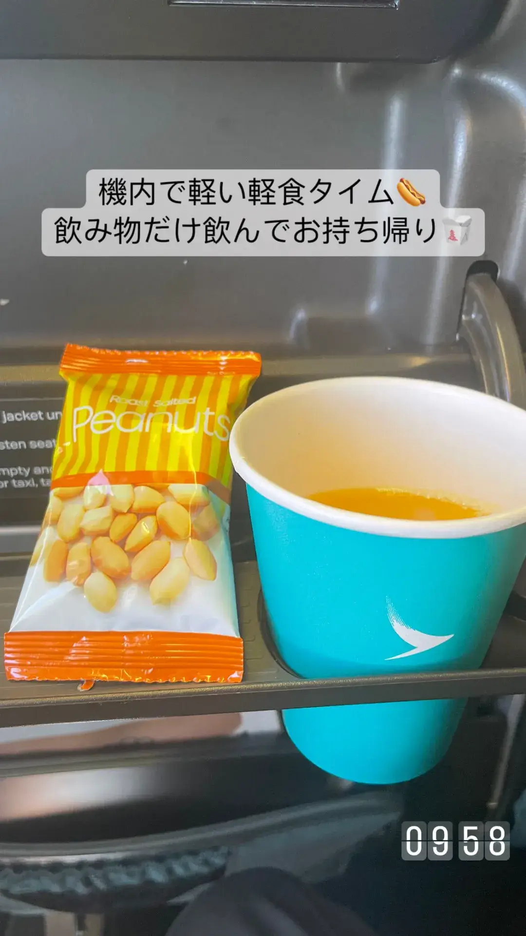 機内で提供された、ローストピーナッツとオレンジジュースの軽食セットです。