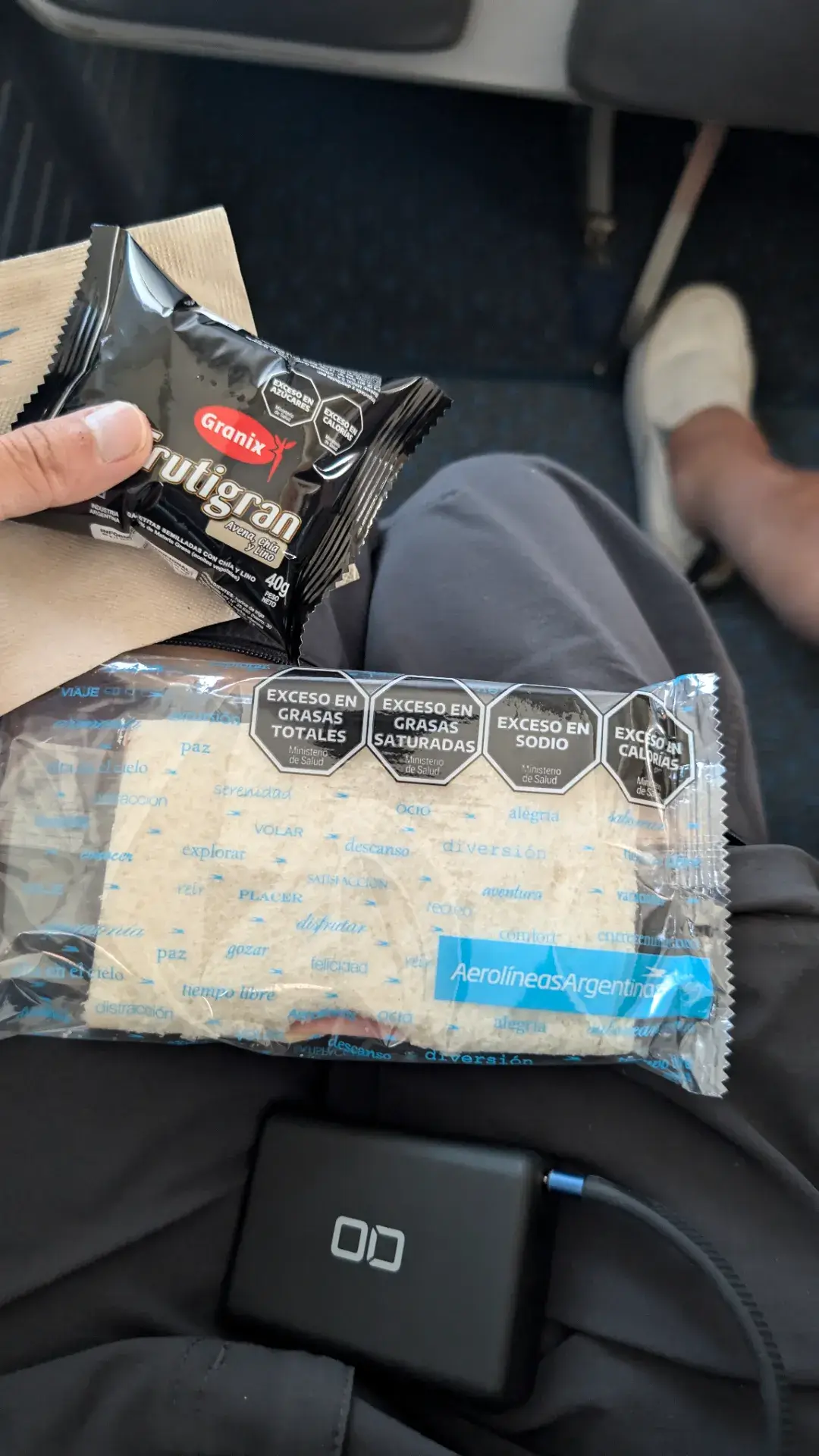 アルゼンチン航空の機内で提供された軽食セットです。グラニックスのクッキーとサンドイッチが入った旅の機内食です。