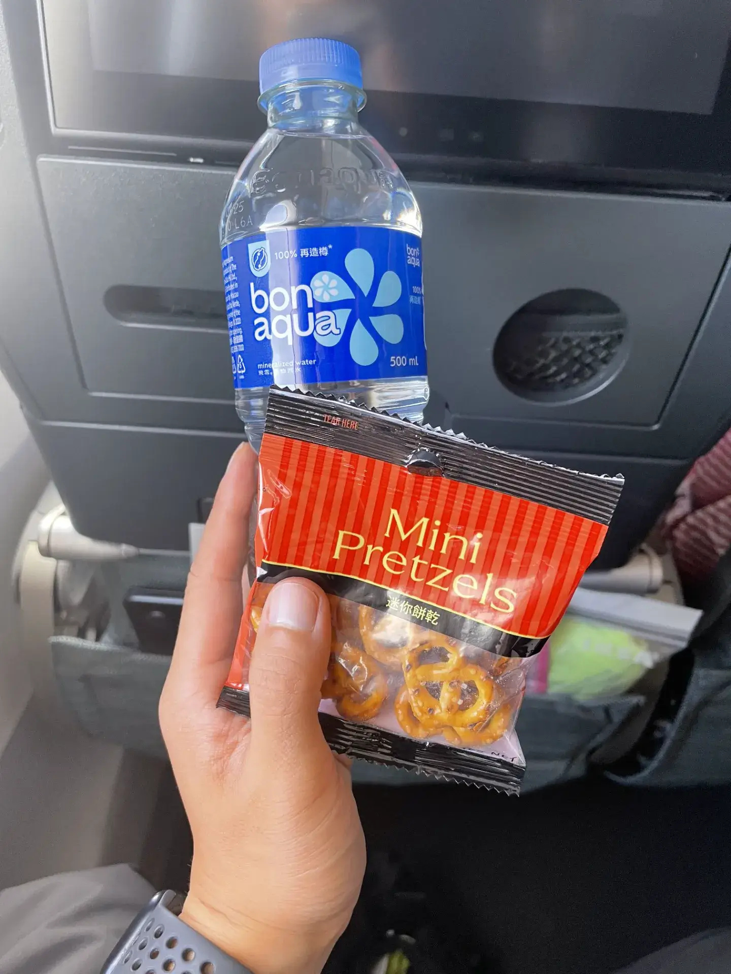 ニューヨークへの長距離フライト中、座席でリラックスしながら楽しむ水とミニプレッツェルの軽食です。