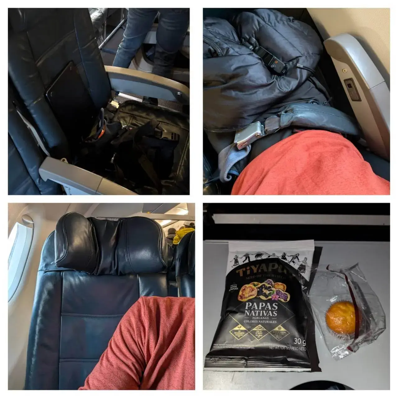 リマから新たな目的地へと向かう、LATAM航空の機内。ゆったりとしたレザーシートに身を預け、機内食として提供されたペルー産のジャガイモチップス「TIYAPU」とマフィンを楽しみます。シートのヘッドレストや足元の荷物、そしてリラックスするためのブランケットなど、長旅の疲れを癒やしながらも、次なる冒険への高揚感が漂う空間。窓の外に広がるであろうアンデス山脈の絶景を想像しながら、空の上で静かに流れる贅沢な時間を切り取った一枚です。