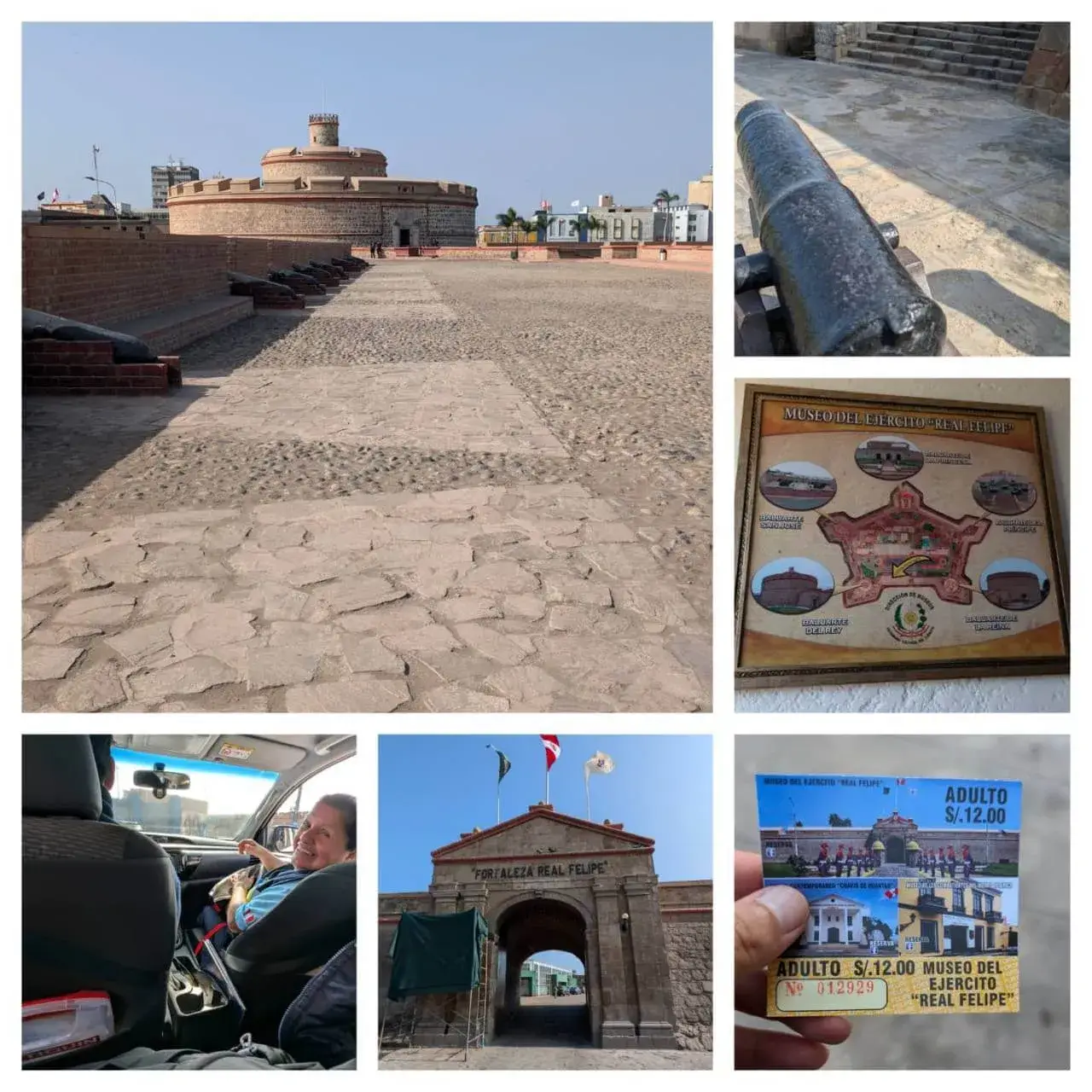 カヤオの港を見守るように建つ「レアル・フェリペ要塞」。18世紀、海賊や敵国の攻撃からリマを守るためにスペイン植民地政府によって建設された、南米最大級の星型要塞です。入場料12.00ソルのチケットを手に一歩足を踏み入れると、かつての激戦を物語る重厚な大砲や、円筒形の巨大な塔「王の堡塁(Baluarte del Rey)」が圧倒的な存在感を放ちます。車内での笑顔溢れる現地の案内人との交流も含め、ペルーの軍事史と勇壮な石造建築の美しさを肌で感じることができる、歴史ロマンあふれるスポットです。