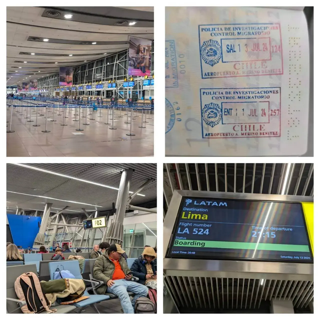 サンティアゴ国際空港の出発ロビー、入国スタンプ、LATAM航空の出発案内板