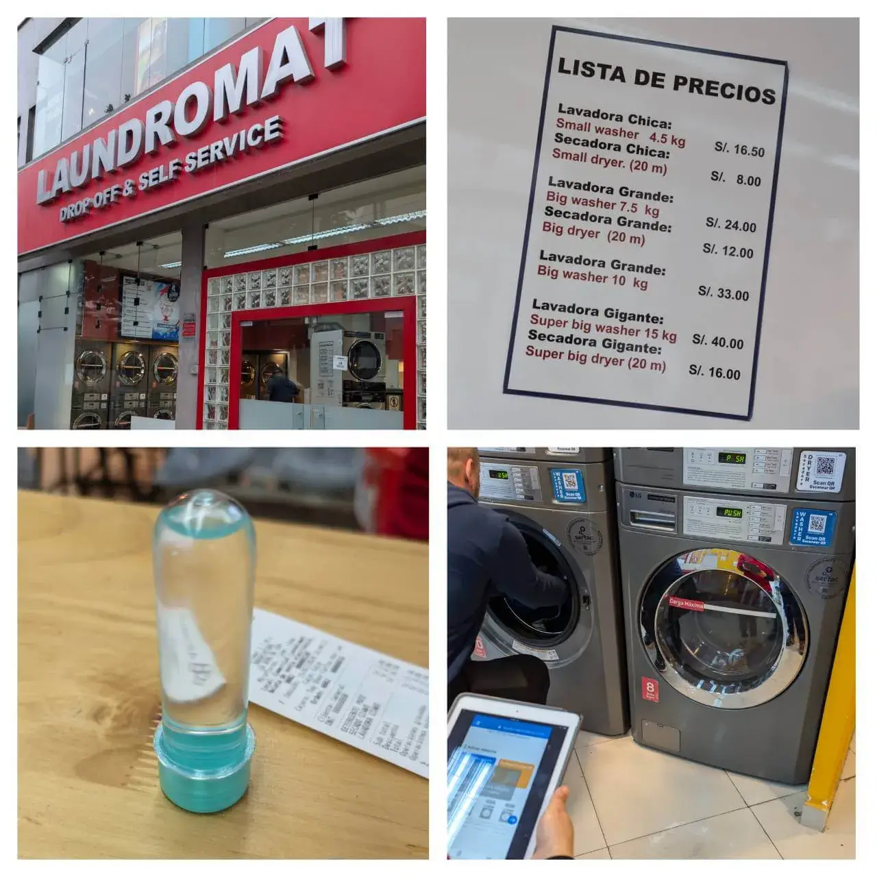 リマのミラフローレス地区にある、赤を基調としたモダンなコインランドリー「LAUNDROMAT」。店内の料金表には、洗濯機のサイズごとに4.5kg(16.50ソル)から15kg(40.00ソル)までの詳細な価格が掲示されています。タブレットを片手に操作を確認しながら、現地の生活に溶け込むように衣類をリフレッシュ。カウンターに置かれた小さな洗剤のボトルやレシートが、旅の途中のリアルな日常を物語る、機能的で清潔感あふれるスポットです。