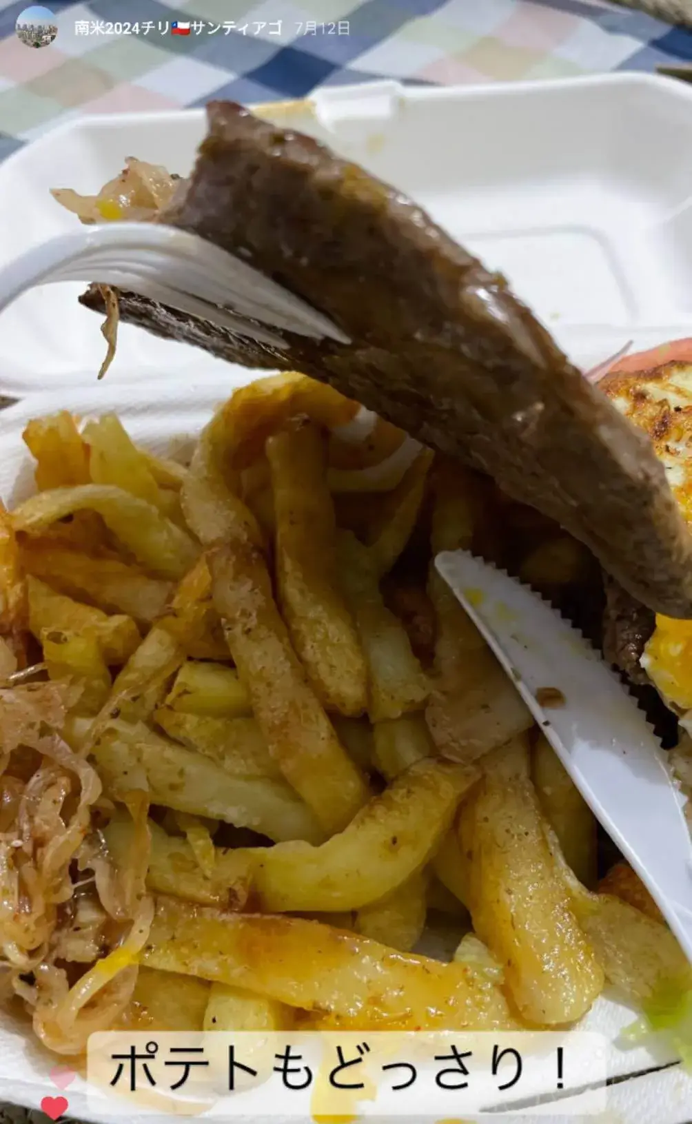 フォークで持ち上げたステーキと付け合わせの大量のポテト