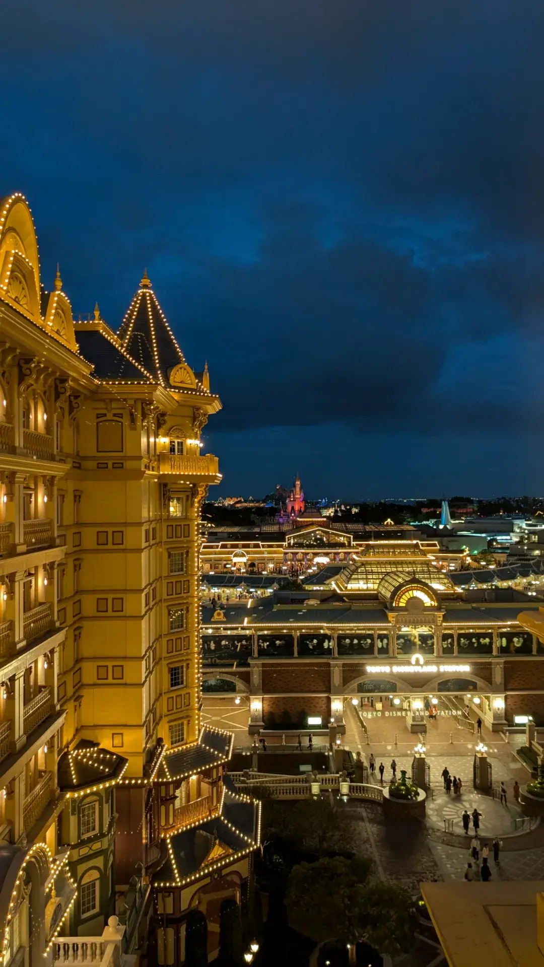 東京ディズニーランドホテルの客室（8224室）から撮影された夜景。ライトアップされたホテルの豪華な外装越しに、東京ディズニーランド・ステーションの美しい灯りと、その奥にシンデレラ城やパークの夜景が広がる幻想的な風景。