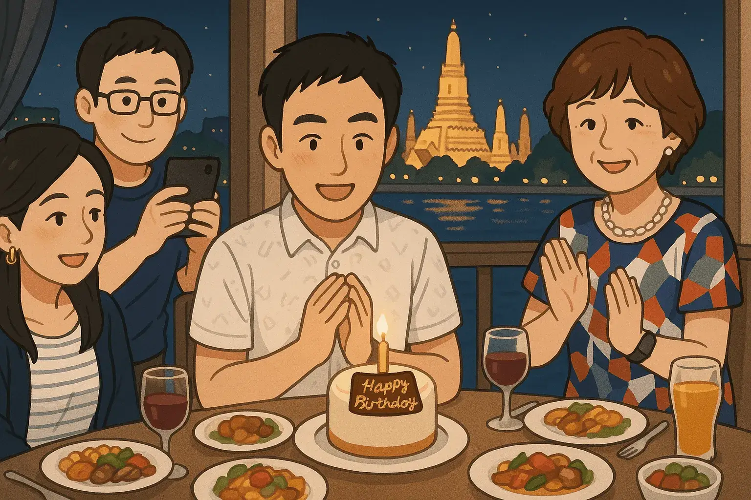 タイのバンコクにて、ライトアップされたワット・アルン（暁の寺）を窓の外に望むレストランでの誕生日祝いを描いた温かいイラスト。テーブルには「Happy Birthday」のプレートが乗ったケーキや料理が並び、笑顔の男女4人が拍手をしたり写真を撮ったりして祝っている幸せな光景。