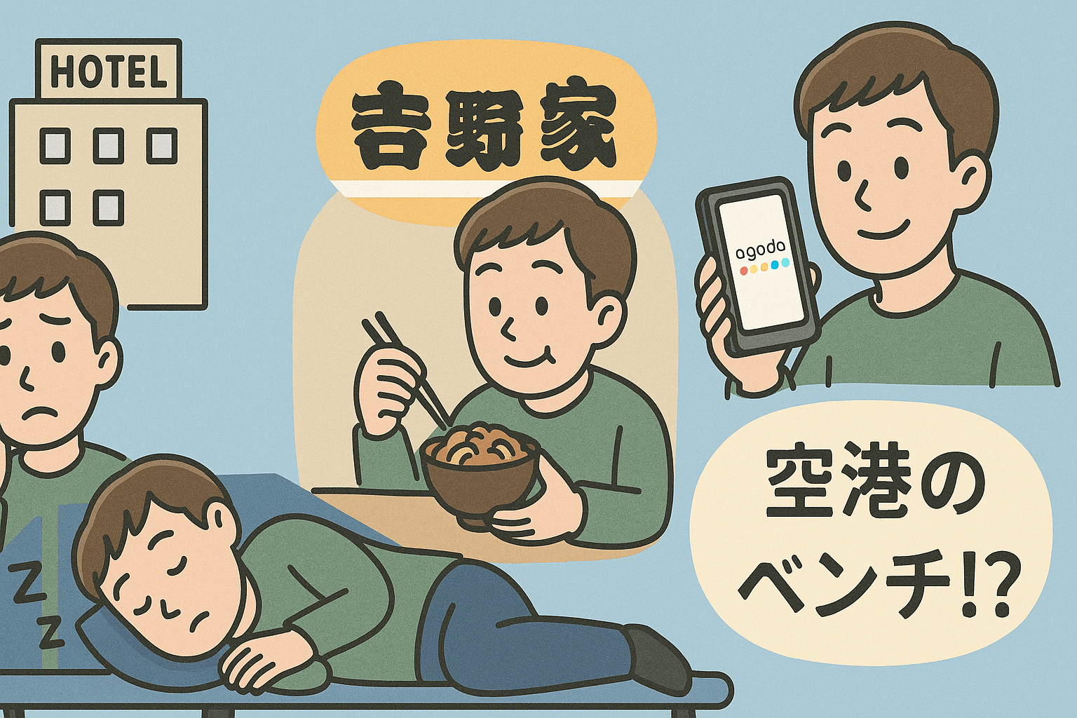 家族4人が深夜のドンムアン空港からスコータイへ移動するイラスト。父・母・兄弟2人が登場し、旅の様子が描かれている。