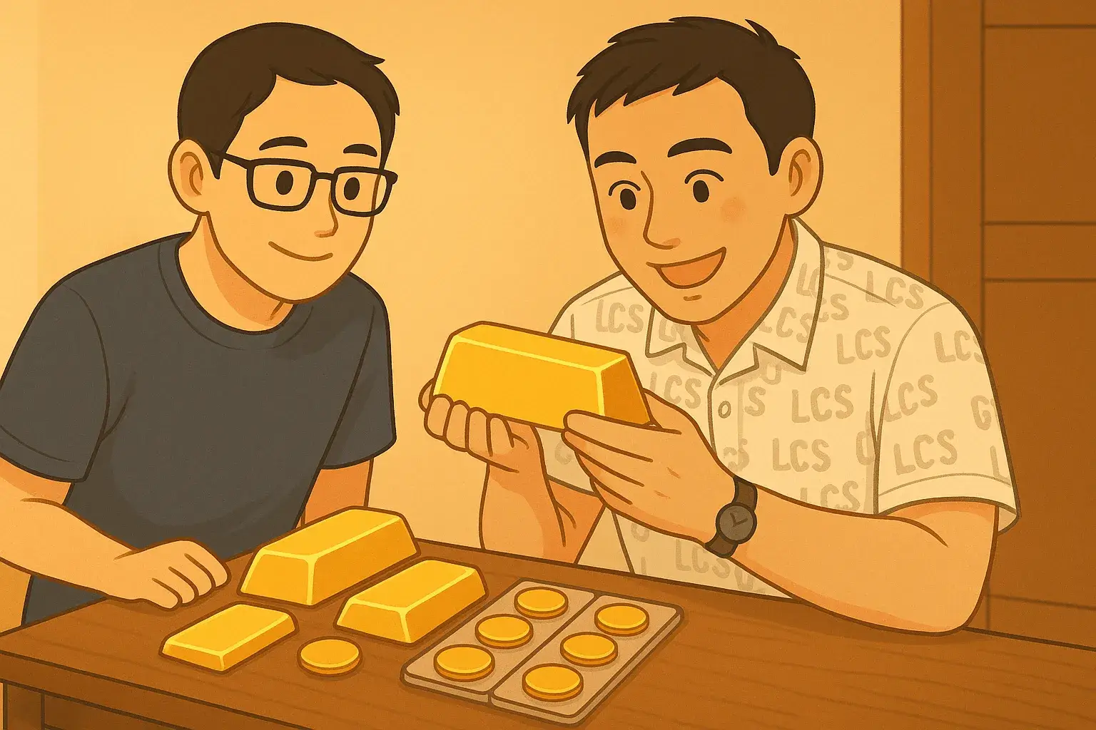 2人の男性がテーブルの上の金塊や金貨を興味深そうに眺めているイラスト。資産運用、投資、宝探し、あるいは成功をイメージさせるシーンで、親しみやすいアニメ調のタッチが特徴的なアイキャッチ画像です。