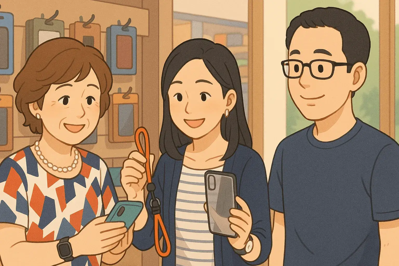 シニア世代の女性が家族と一緒にスマートフォンやアクセサリー（ストラップ）を選んでいる様子を描いたイラスト。デジタルデバイスを通じた多世代のコミュニケーションや、丁寧な接客・お買い物をイメージしています。