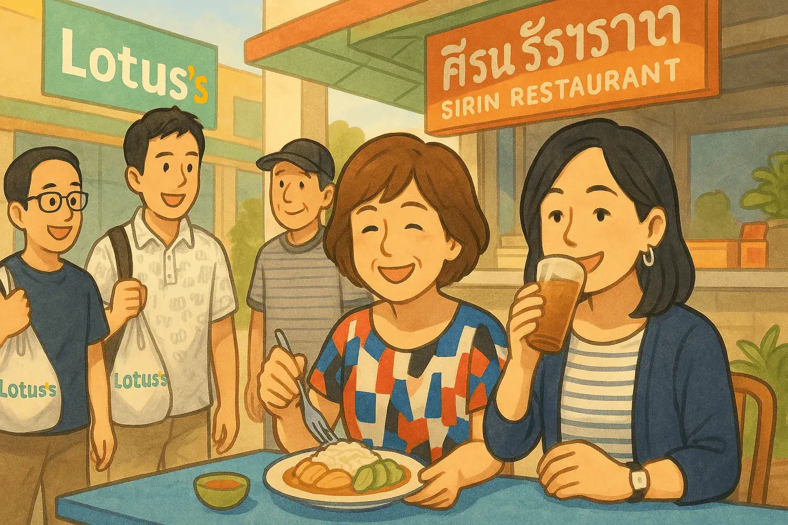 タイのスーパーマーケット「Lotus's（ロータス）」での買い物帰り、地元の「SIRIN RESTAURANT（シリン・レストラン）」で食事を楽しむ家族のイラスト。テーブルにはタイ料理が並び、リラックスした表情で過ごすひとときが描かれています。現地の生活に溶け込みながら、グルメやショッピングを満喫するタイ旅行の楽しさを象徴する一枚です。