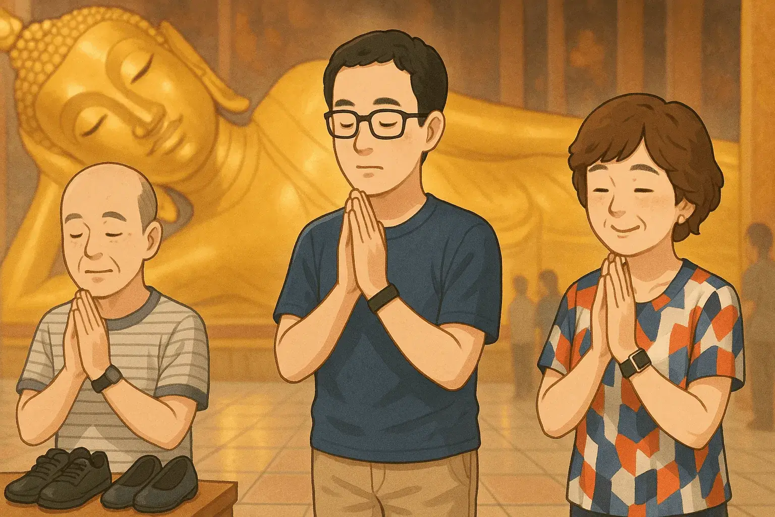 タイを象徴する巨大な黄金の寝釈迦仏の前で、静かに合掌し祈りを捧げる家族のイラスト。入り口で靴を脱ぎ、現地の作法に従って敬虔な気持ちで仏像と向き合う様子が描かれています。タイの歴史や信仰の深さを肌で感じ、旅の安全と家族の幸せを願う、感動的なフィナーレを飾る一枚です。