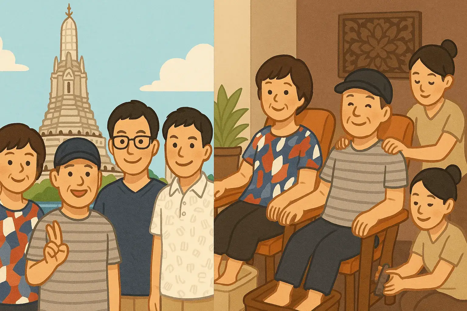 イ旅行のハイライトを凝縮した記念イラスト。左面には、チャオプラヤー川のほとりに立つ美しい「ワット・アルン」を背に、家族で記念撮影をする晴れやかな様子が描かれています。右面には、66枚目の写真にもあったタイ古式マッサージを家族で体験し、心身ともにリラックスする穏やかな時間が表現されています。観光の興奮と癒やしのひととき、その両方が詰まった旅の集大成となる一枚です。