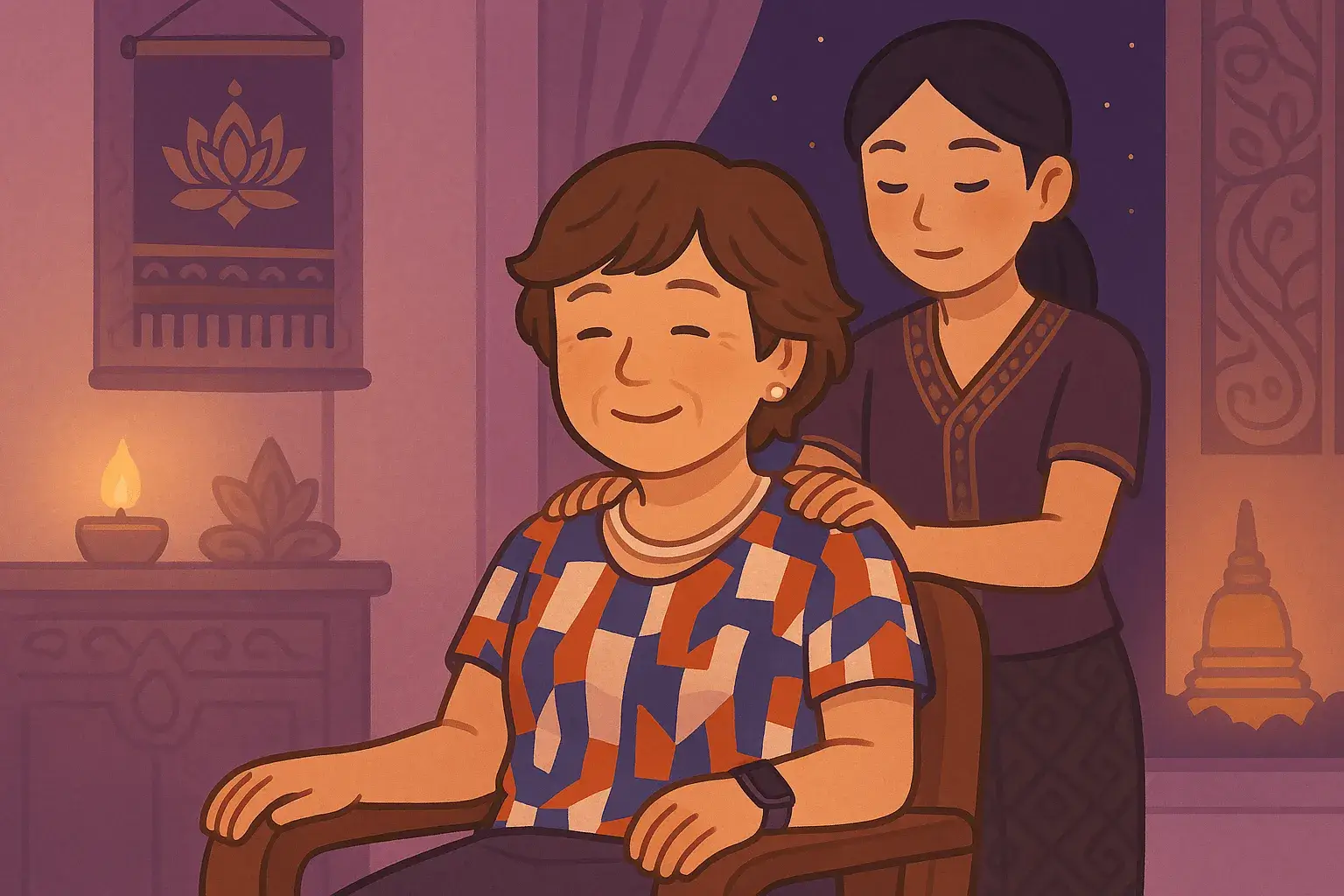夜、柔らかなキャンドルの光に包まれた室内で、タイの伝統的なマッサージを受けてリラックスする女性のイラスト。背景には蓮の花のタペストリーや仏塔のシルエットが見え、静かで神聖な癒やしの時間が流れている。