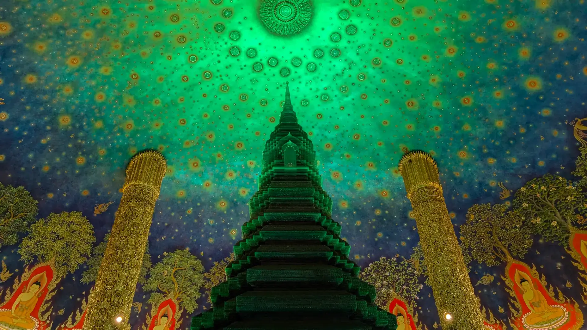 ワット・パクナムの大仏塔（マハーラッチャモンコン大仏塔）最上階に安置された、息をのむほど美しいエメラルド色のガラス仏塔。天井には、仏教の宇宙観を表現した色鮮やかな菩提樹と星々の図が描かれ、空間全体が神秘的な緑の光に包まれています。SNSでも「宇宙のような寺院」として世界的に注目を集める、現代タイ仏教建築を代表する幻想的なスポット