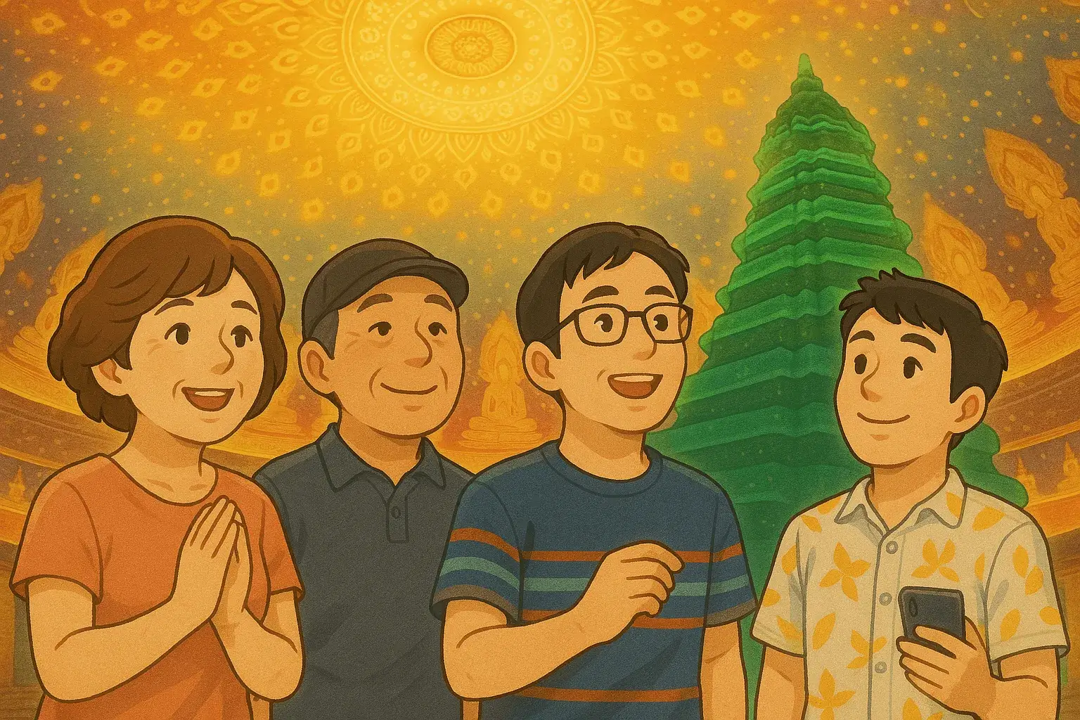 バンコクの「ワット・パクナム」にある幻想的なエメラルド色の仏塔を背景に、家族で祈りを捧げる様子を描いた記念イラスト。天井に広がる宇宙のような仏教画と、鮮やかに輝く緑の仏塔が、旅の終盤にふさわしい神秘的な雰囲気を醸し出しています。これまでの旅の思い出を胸に、静かに手を合わせる家族の笑顔が、絆の深まりを感じさせる心温まる一枚です。