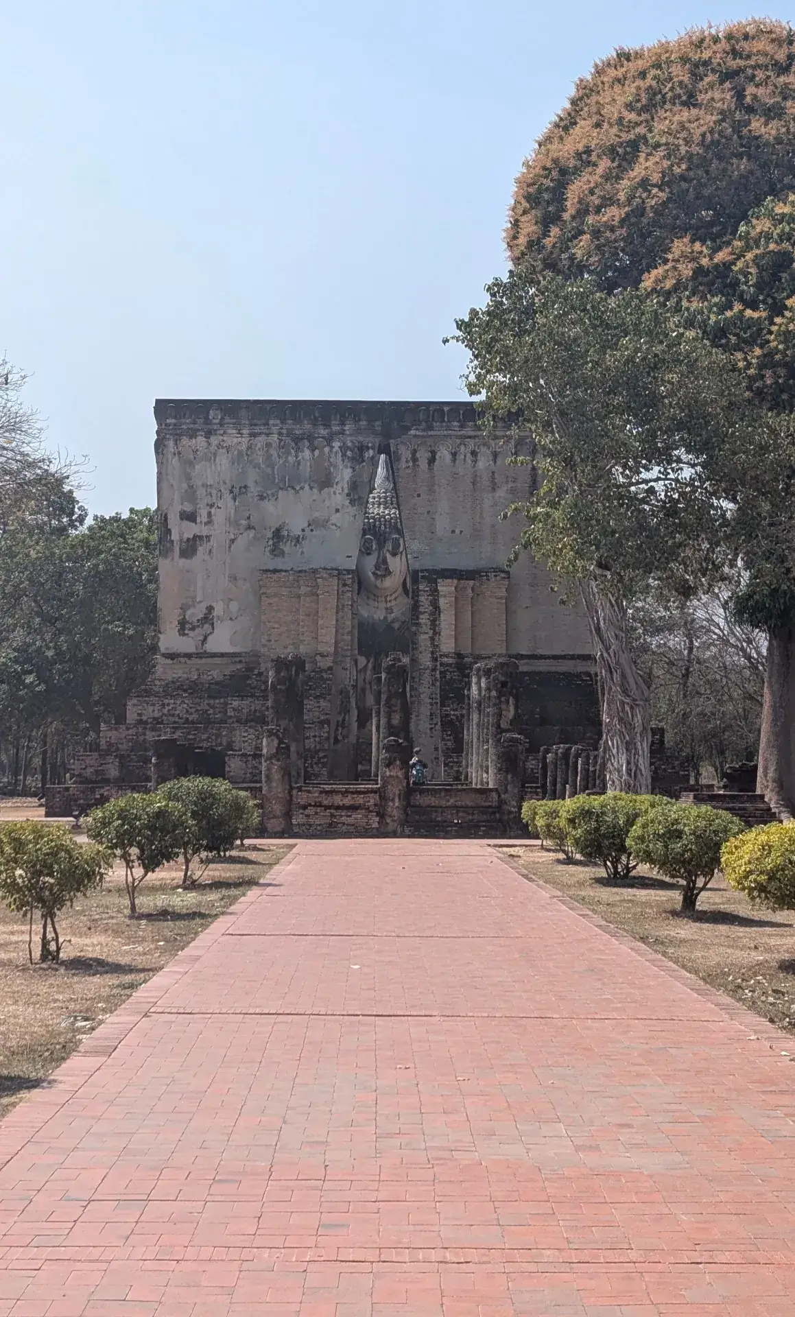 タイの世界遺産、スコータイ歴史公園内にある「ワット・シーチュム（Wat Si Chum）」。高さ約15メートルの巨大な仏坐像「アチャナ仏」が、モンドップ（経蔵）の細い隙間から外を眺めるように鎮座しています。その神秘的で圧倒的な存在感は、スコータイ観光のハイライトの一つであり、多くの参拝者や観光客を惹きつける歴史的景勝地です。