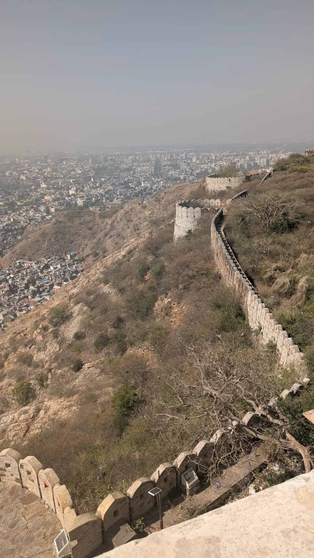 丘の斜面を蛇行して伸びるアンベール城の歴史的な城壁と、その眼下に広がるジャイプールの街並み。高台から見下ろしたパノラマビュー。