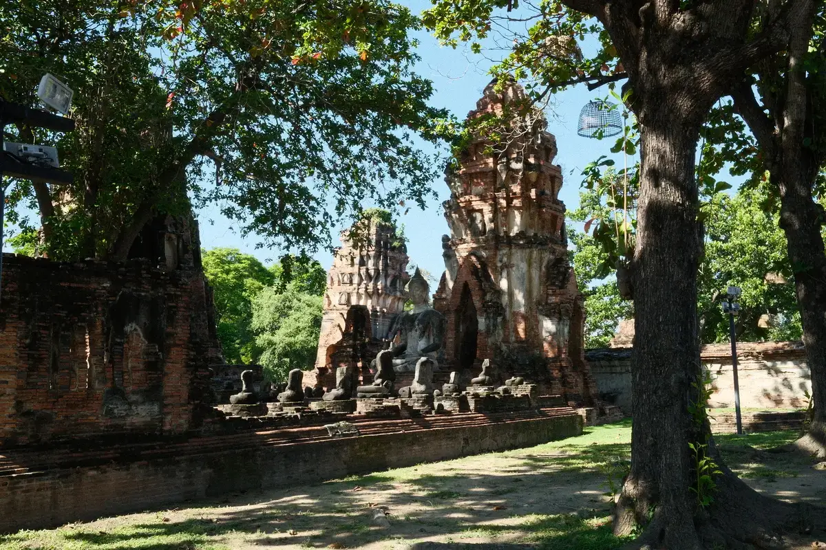 ワット・マハータート(Wat Mahathat)の座像仏像と、背景にそびえる崩れかけた仏塔(プラン)。アユタヤ歴史公園、タイ、遺跡。