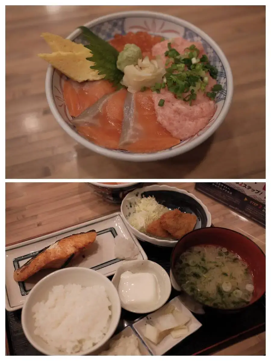 磯丸水産（Isomaru Suisan）の人気メニューである「いくら・サーモン・ネギトロ丼」と「厚切り甘塩鮭定食」