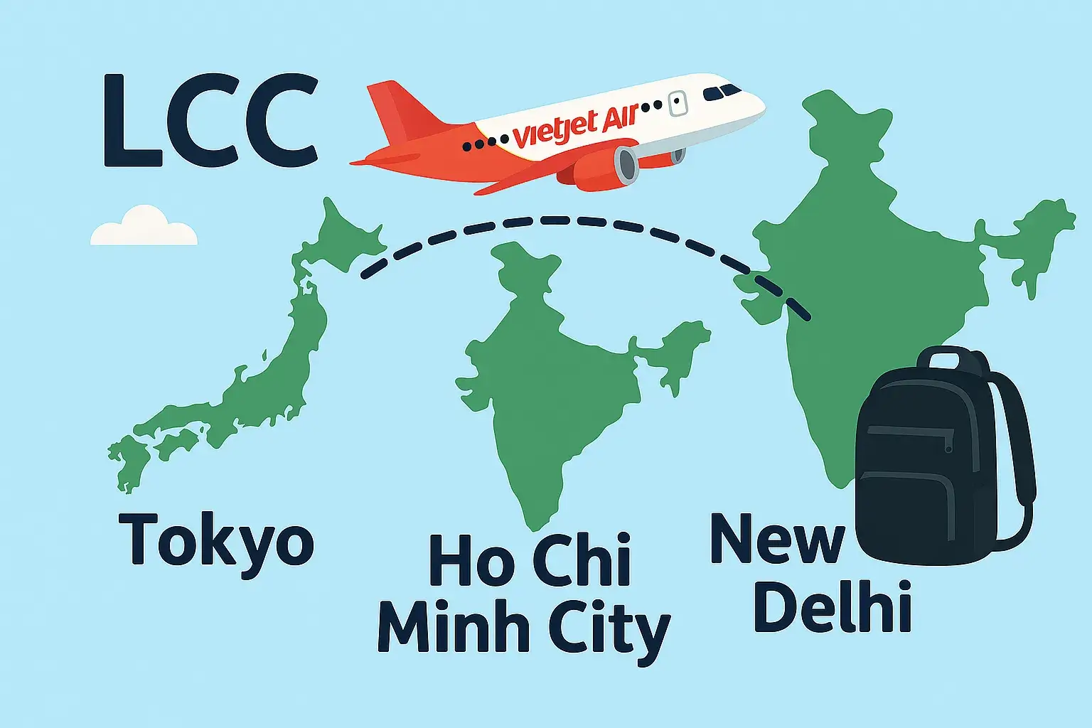 東京、ホーチミン、ニューデリーを結ぶ格安航空会社（LCC）のルートをイメージしたイラスト